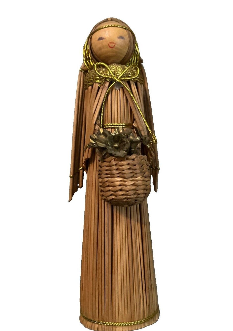Vintage Angel Christmas  Wood and Reed 6.5" Tall Handmade Painted Face